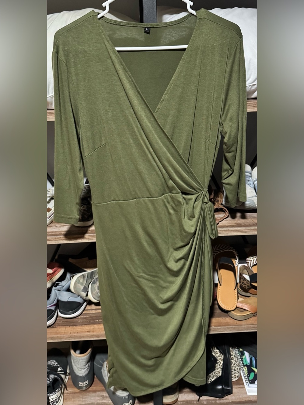 Amazon Olive Green Wrap Midi Dress with Side Tie